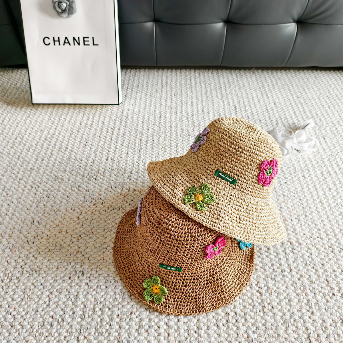 Miumiu Multicolor Flower Straw Bucket Hat 322156