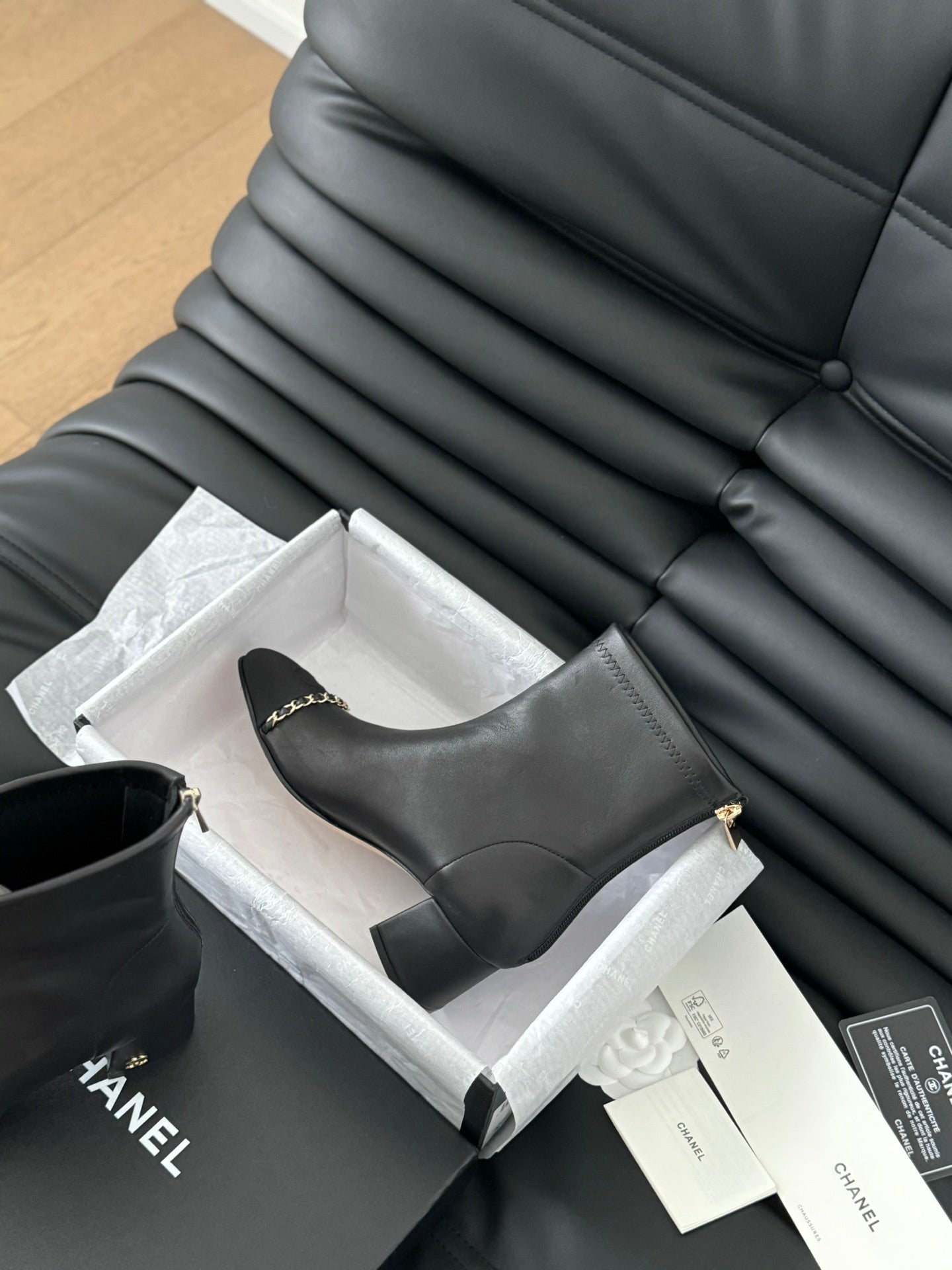 CC Ankle Boot Black Calfskin Grosgrain Leather Strap