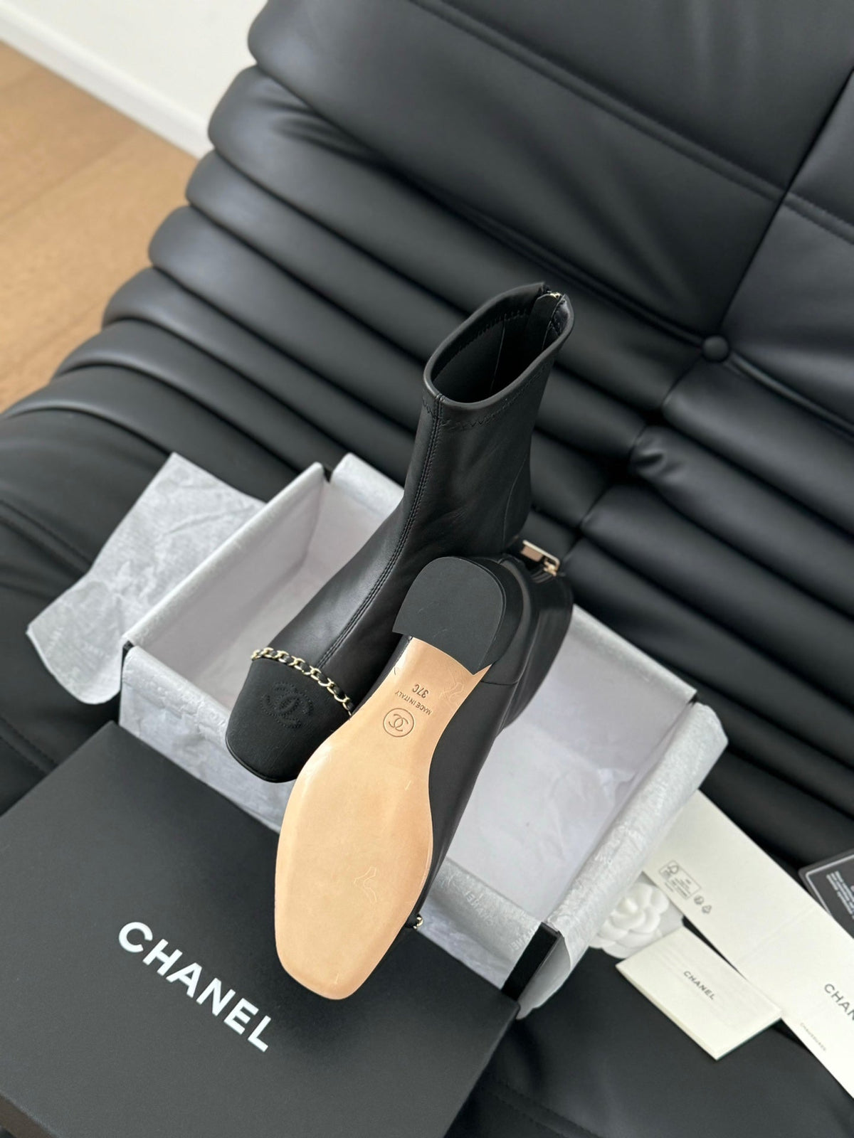 CC Ankle Boot Black Calfskin Grosgrain Leather Strap
