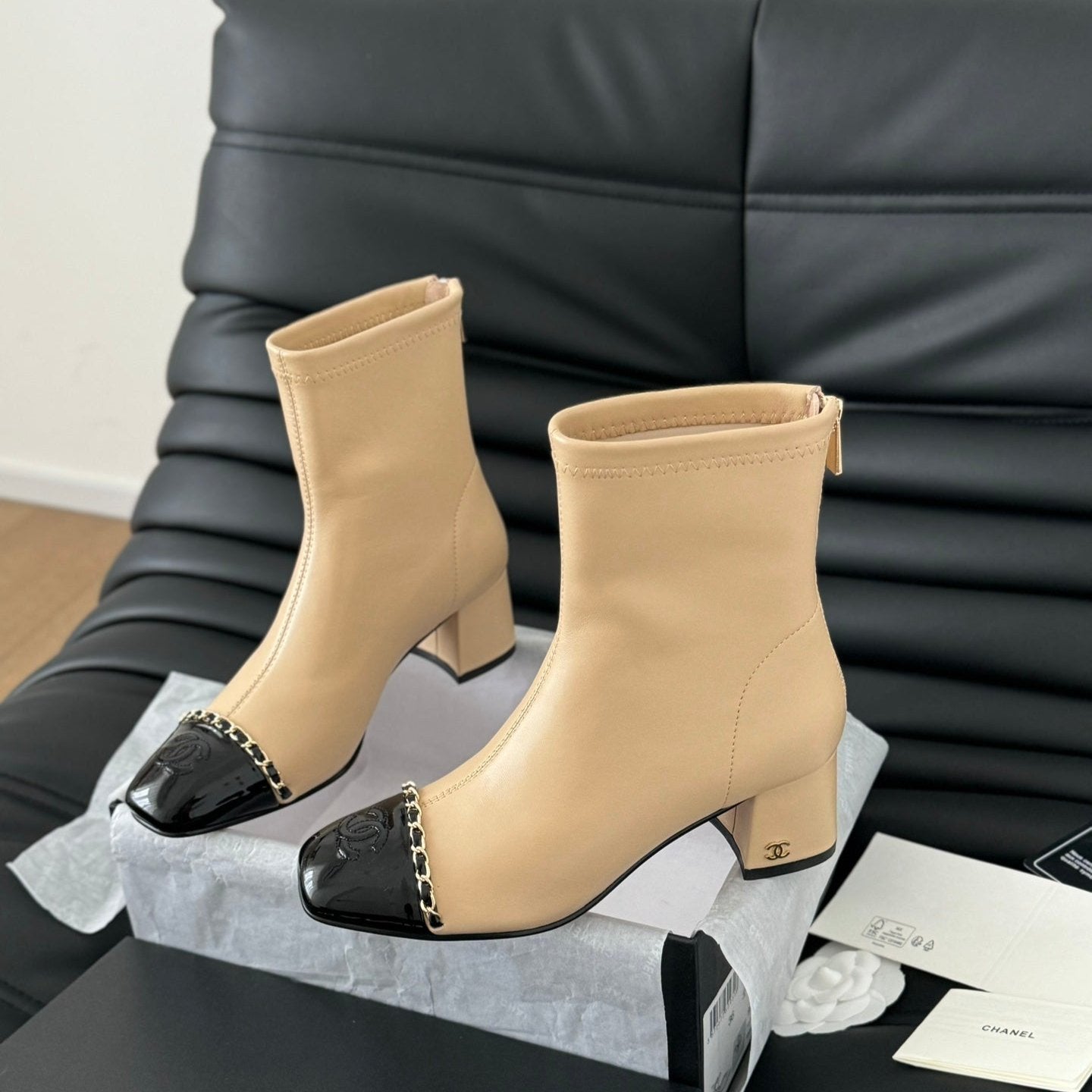 CC Ankle Boot Beige Calfskin Black Patent Calfskin