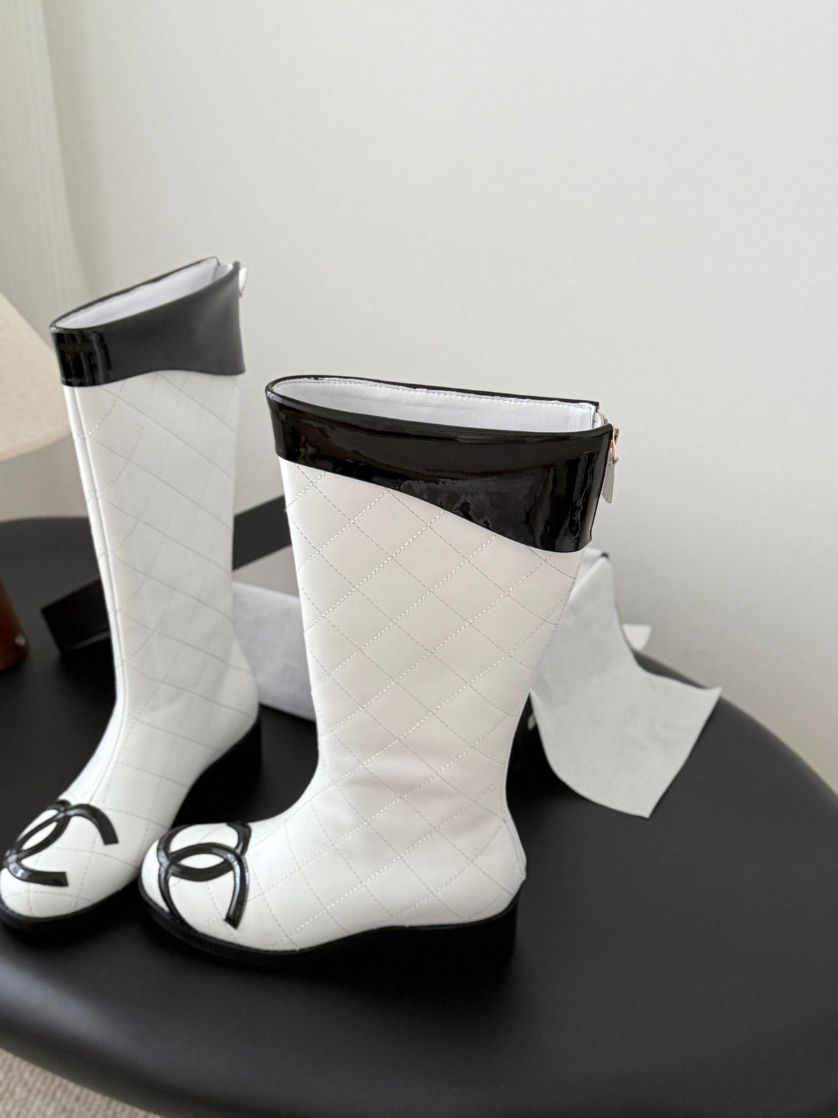 CC 2025 Vintage Cambon Mid-Calf Boots White Black Cowhide 550638
