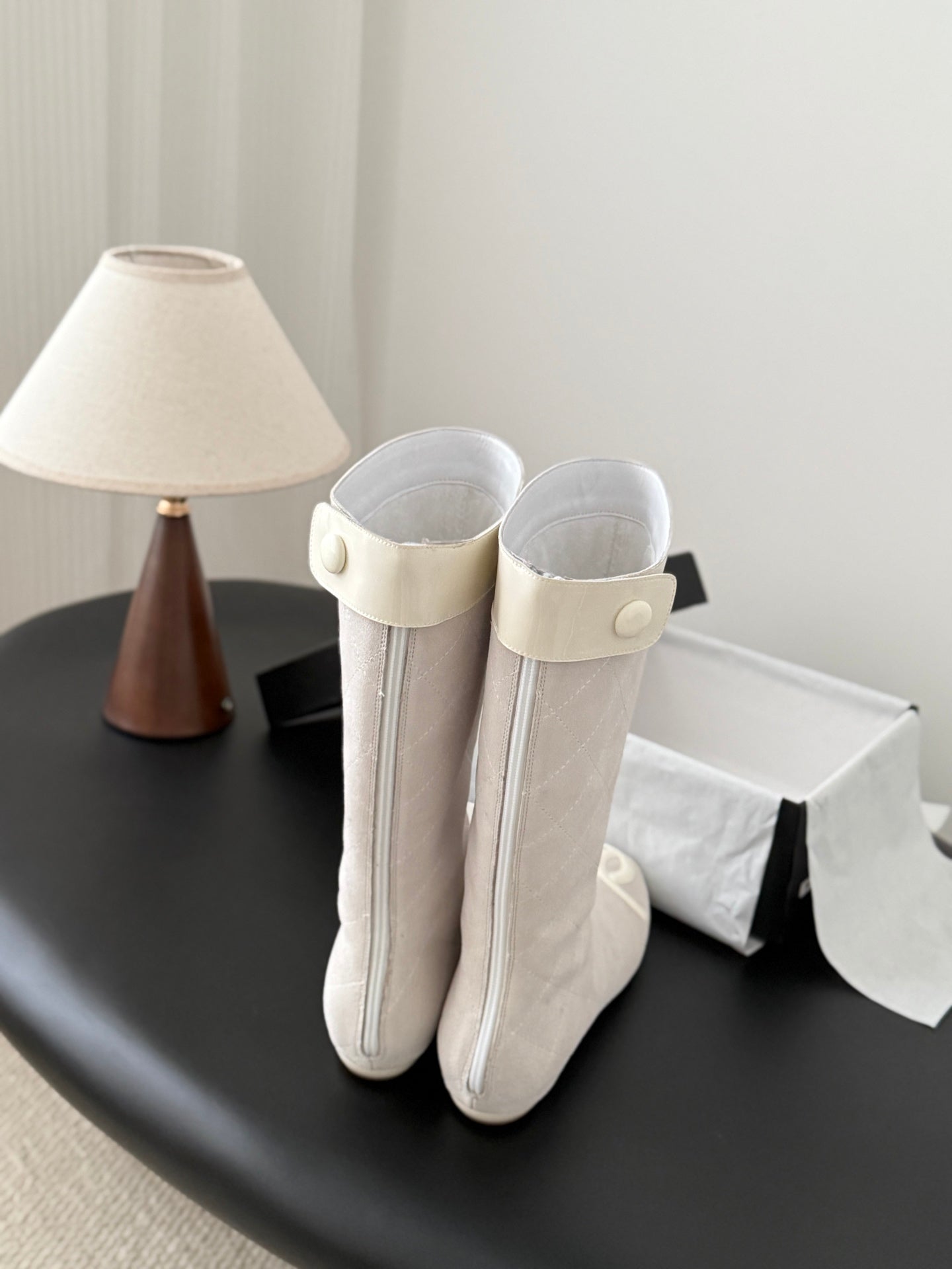CC 2025 Vintage Cambon Mid-Calf Boots White Suede Patent Leather 550639