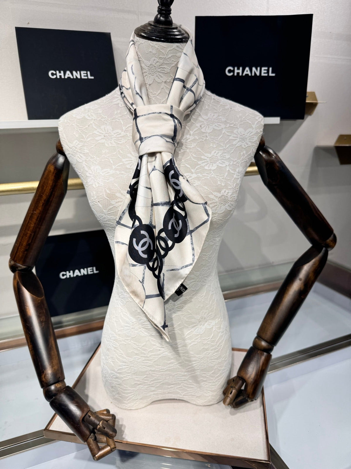 Chanel 2026 Flower Pattern Scarf 90cm Black White Twill Silk 209018