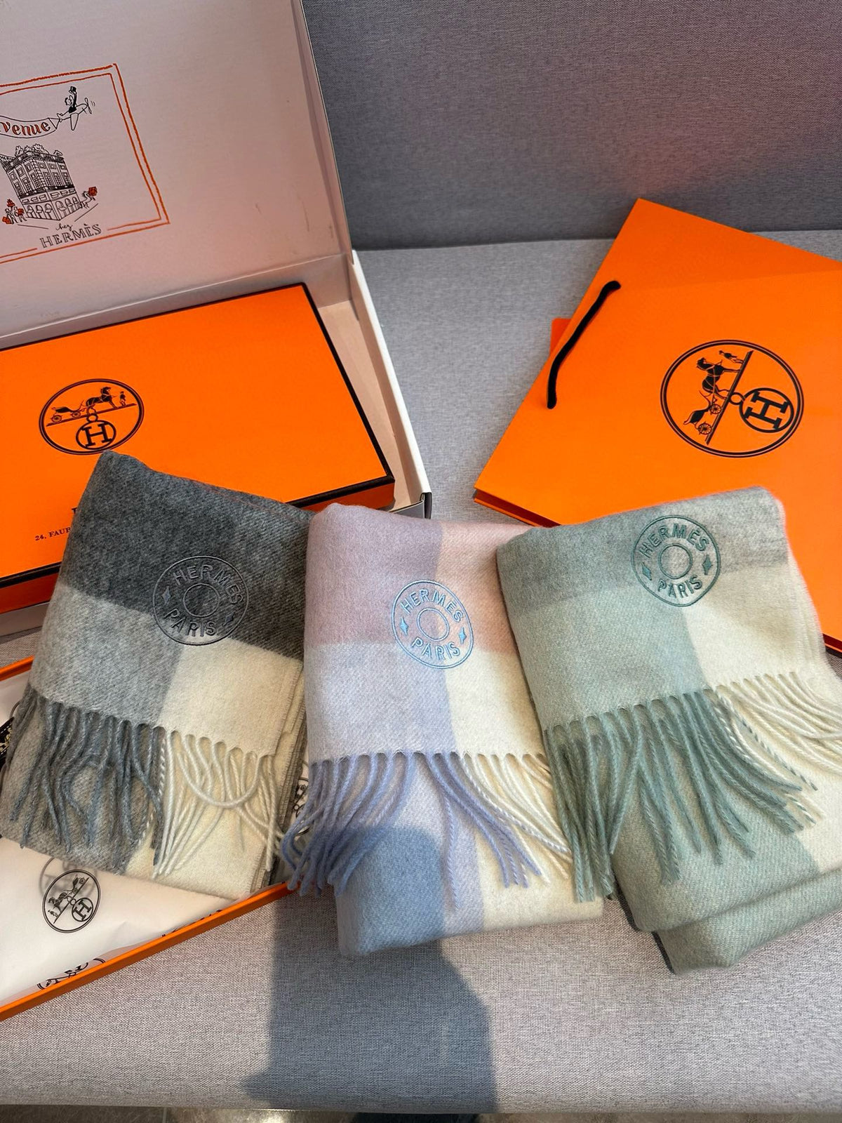Scarf 180 CM In Light Turquoise Mix White Light Grey Cashmere 381229