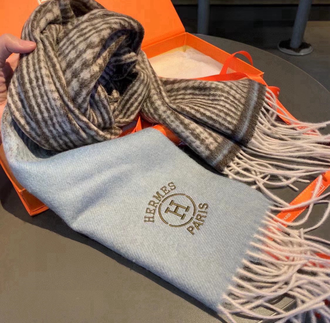 Scarf 180 CM Grey Blue Gradient Brown Caro Cashmere  398222