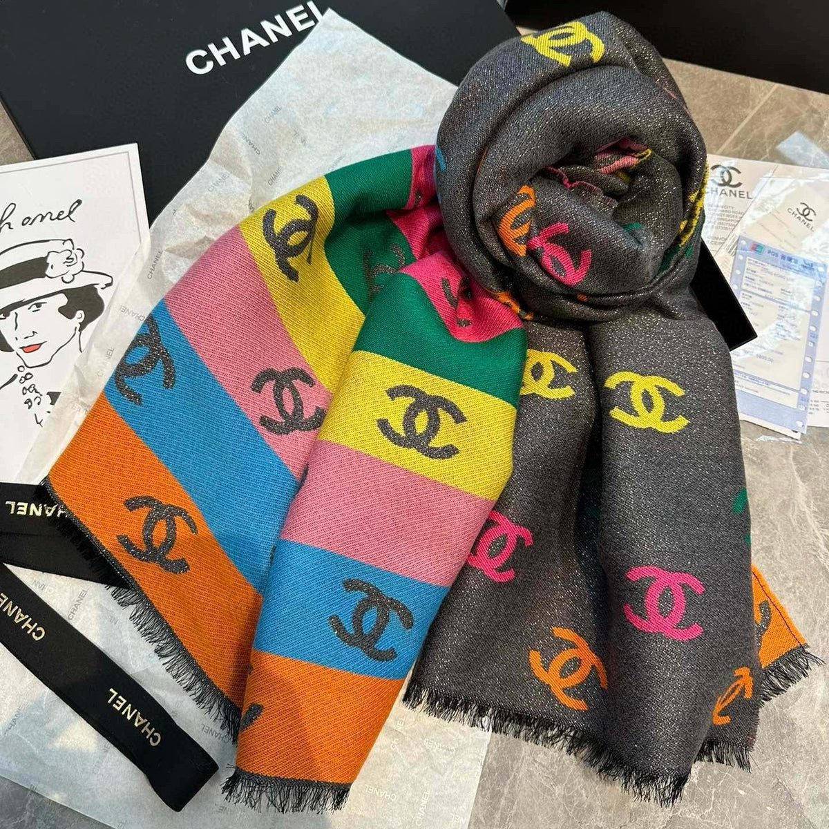 CC Scarf 180 CM In Black Mix Rainbow Cashmere And Wool Mix Mulberry Silk 401988