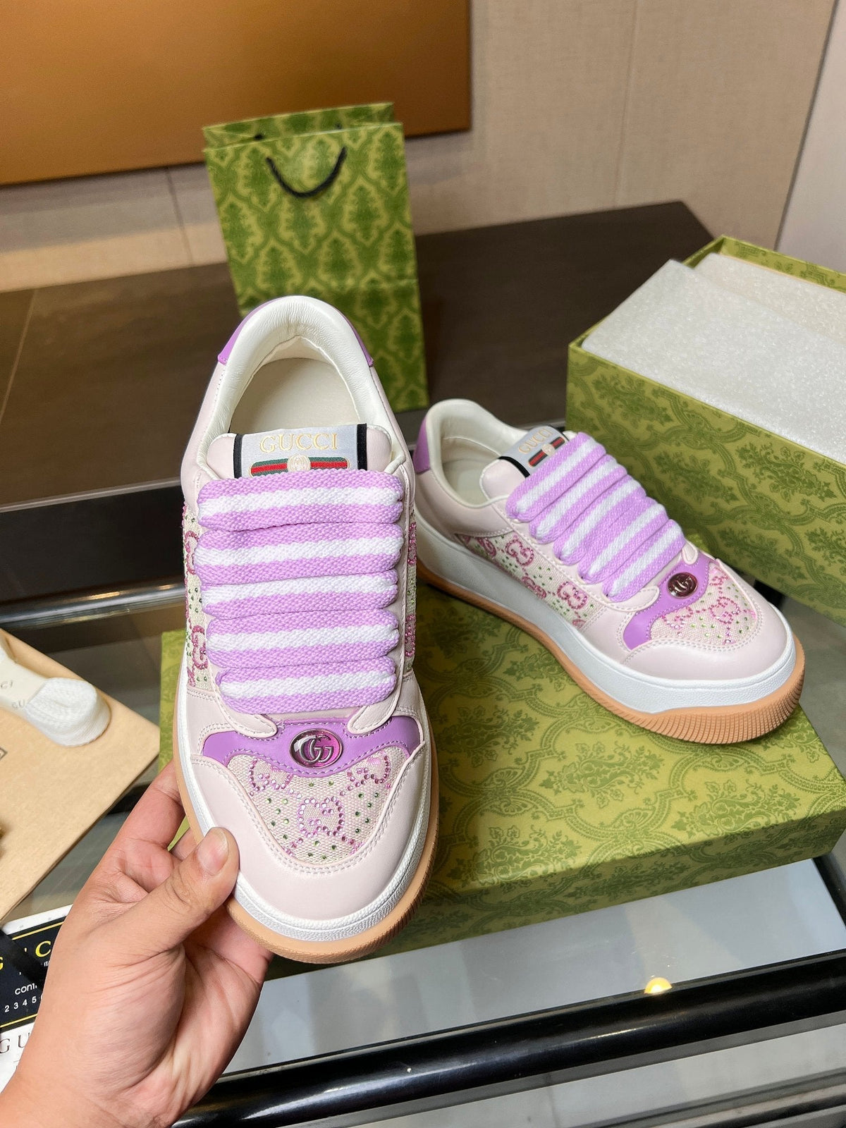 GG Men's Screener Sneaker Purple Canvas Sheepskin  523600