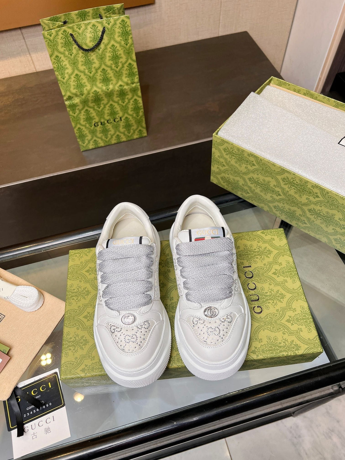 GG Men's Screener Sneaker Cream White Canvas Sheepskin 523603