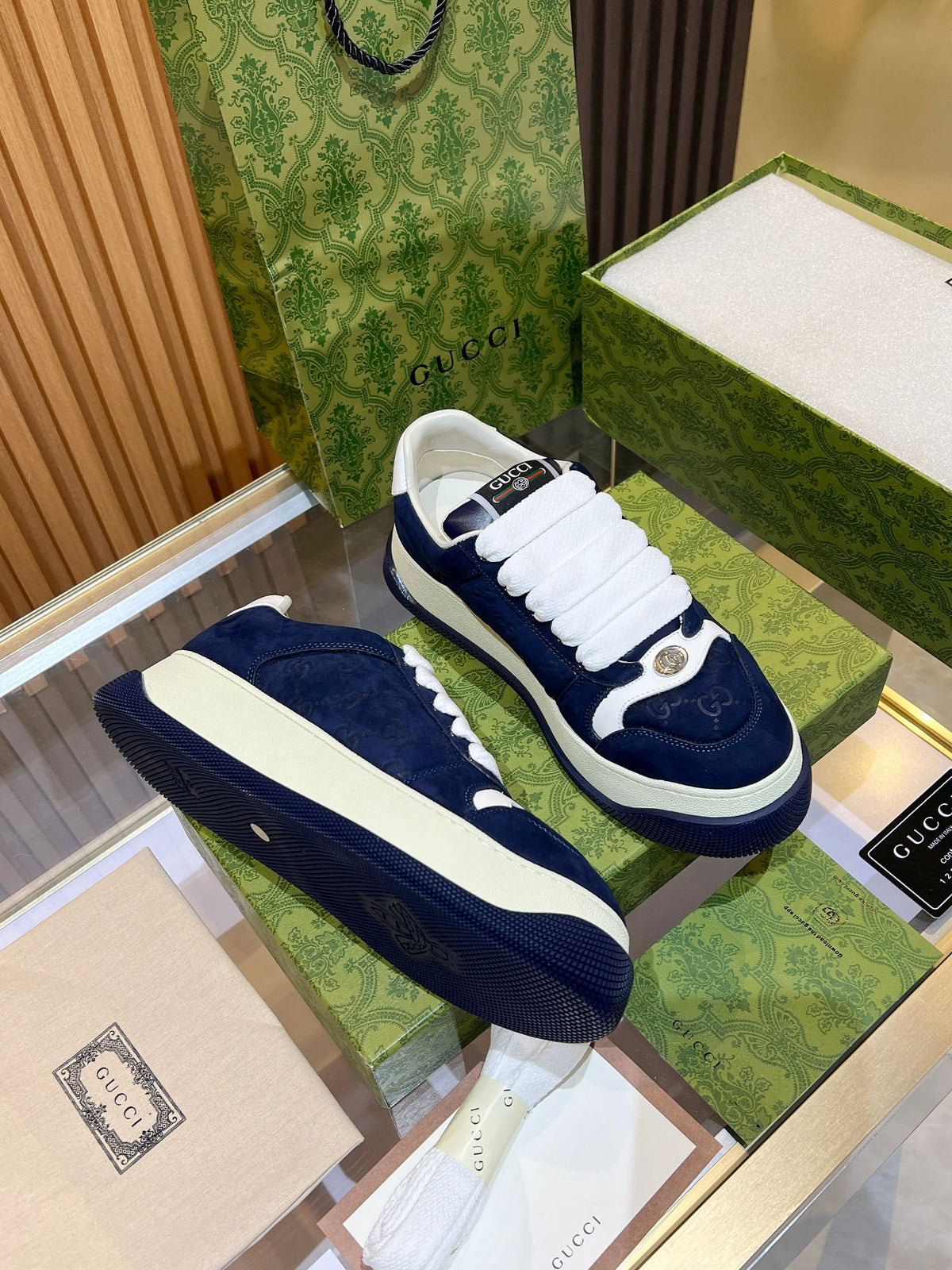GG Men's Screener Sneaker Blue Canvas Sheepskin 523610