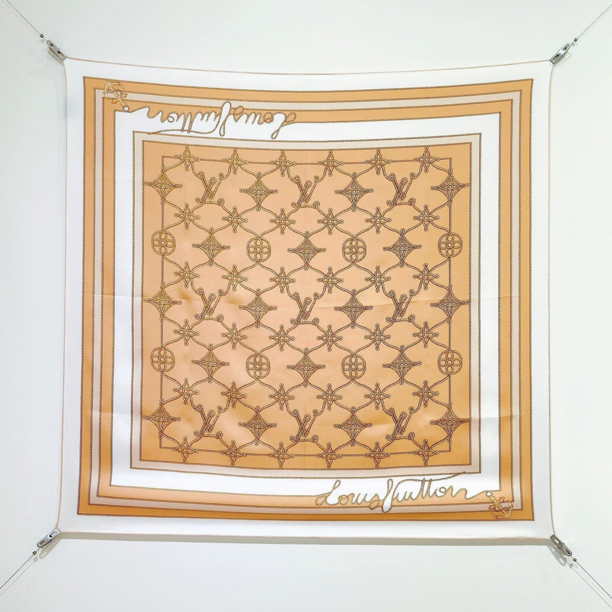 LV Double Sided Scarf 90 Beige White Monogram Twill Silk 164405