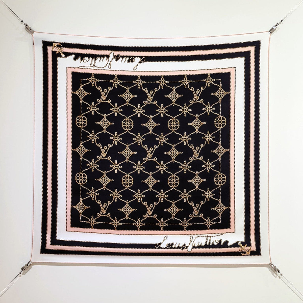 LV Double Sided Scarf 90 Black White Beige Monogram Twill Silk 164406