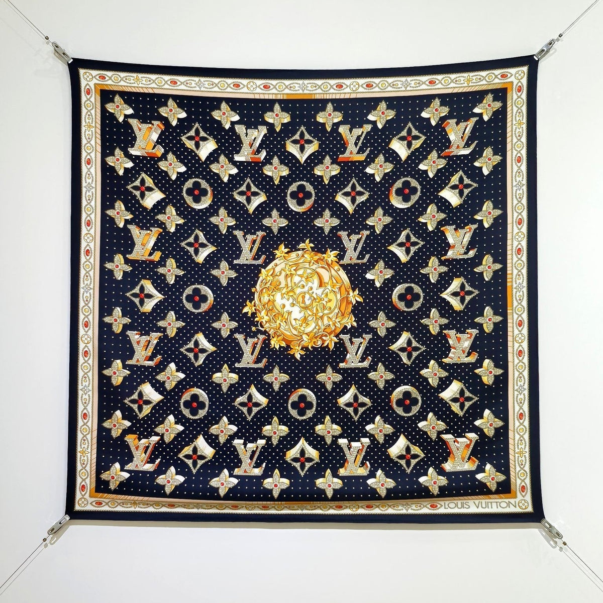 LV Double Sided Scarf 90 Black Beige Colorful Monogram Mulberry Silk 169335