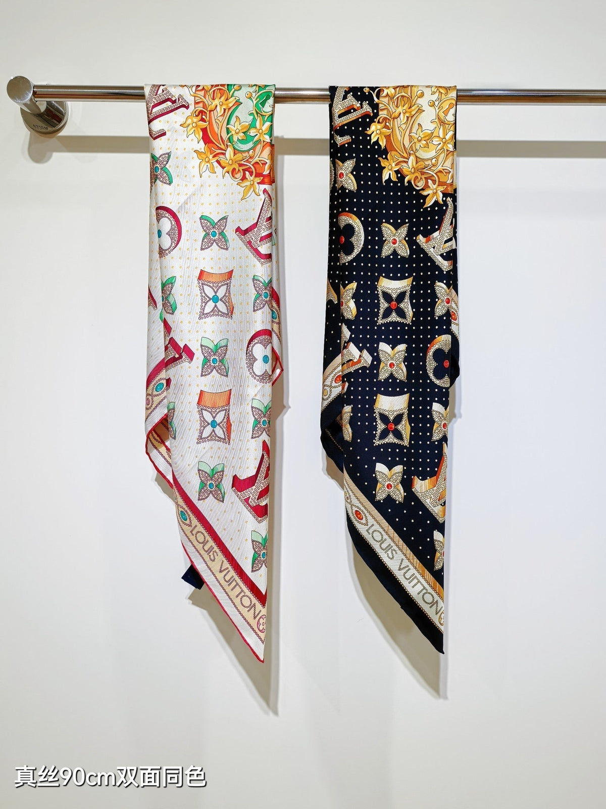 LV Double Sided Scarf 90 White Pink Colorful Monogram Mulberry Silk 169336