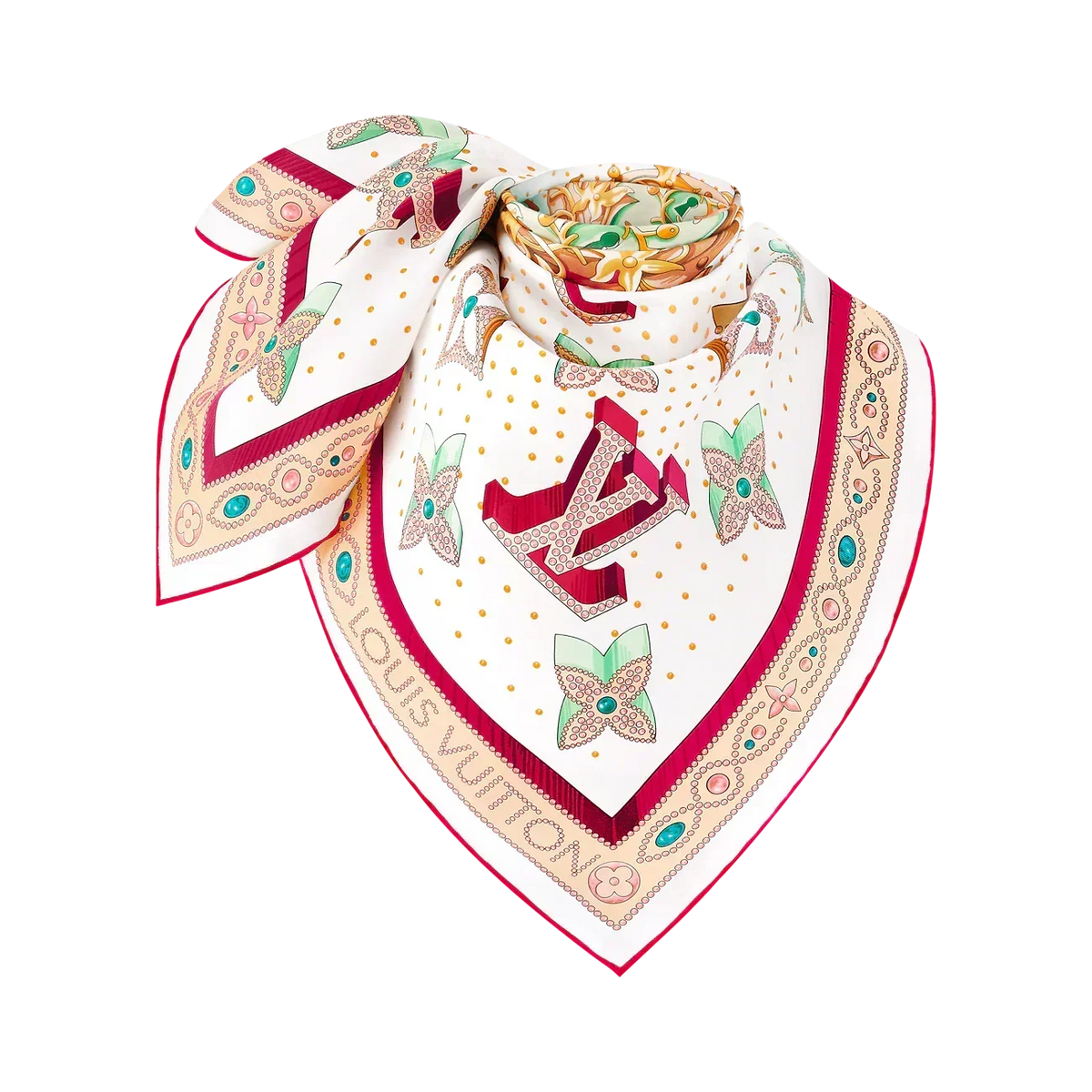 LV Double Sided Scarf 90 White Pink Colorful Monogram Mulberry Silk 169336
