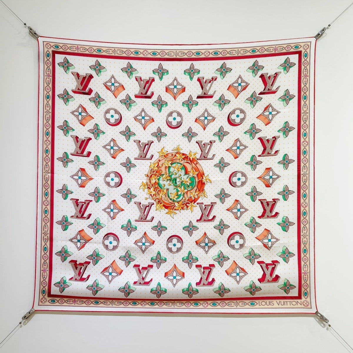 LV Double Sided Scarf 90 White Pink Colorful Monogram Mulberry Silk 169336
