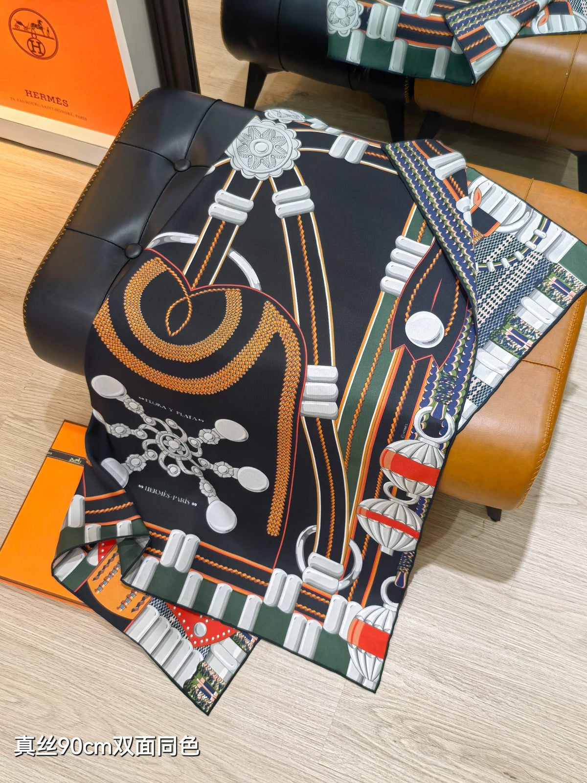 HM 26ss Amazon  Scarf 90 Black Colorful Twill Silk 130281