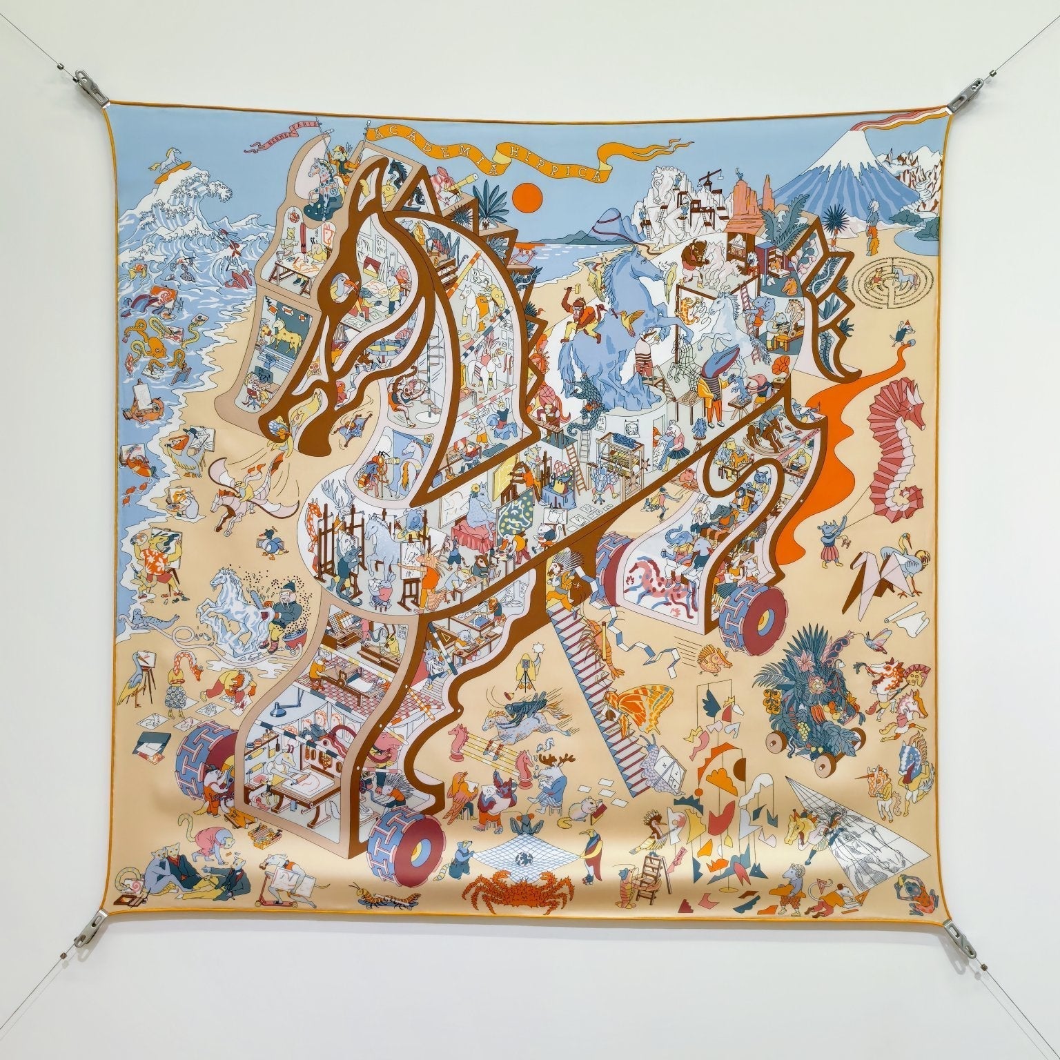 HM 26s Horse Scarf 90 Beige Blue Colorful Cashmere Silk 139218