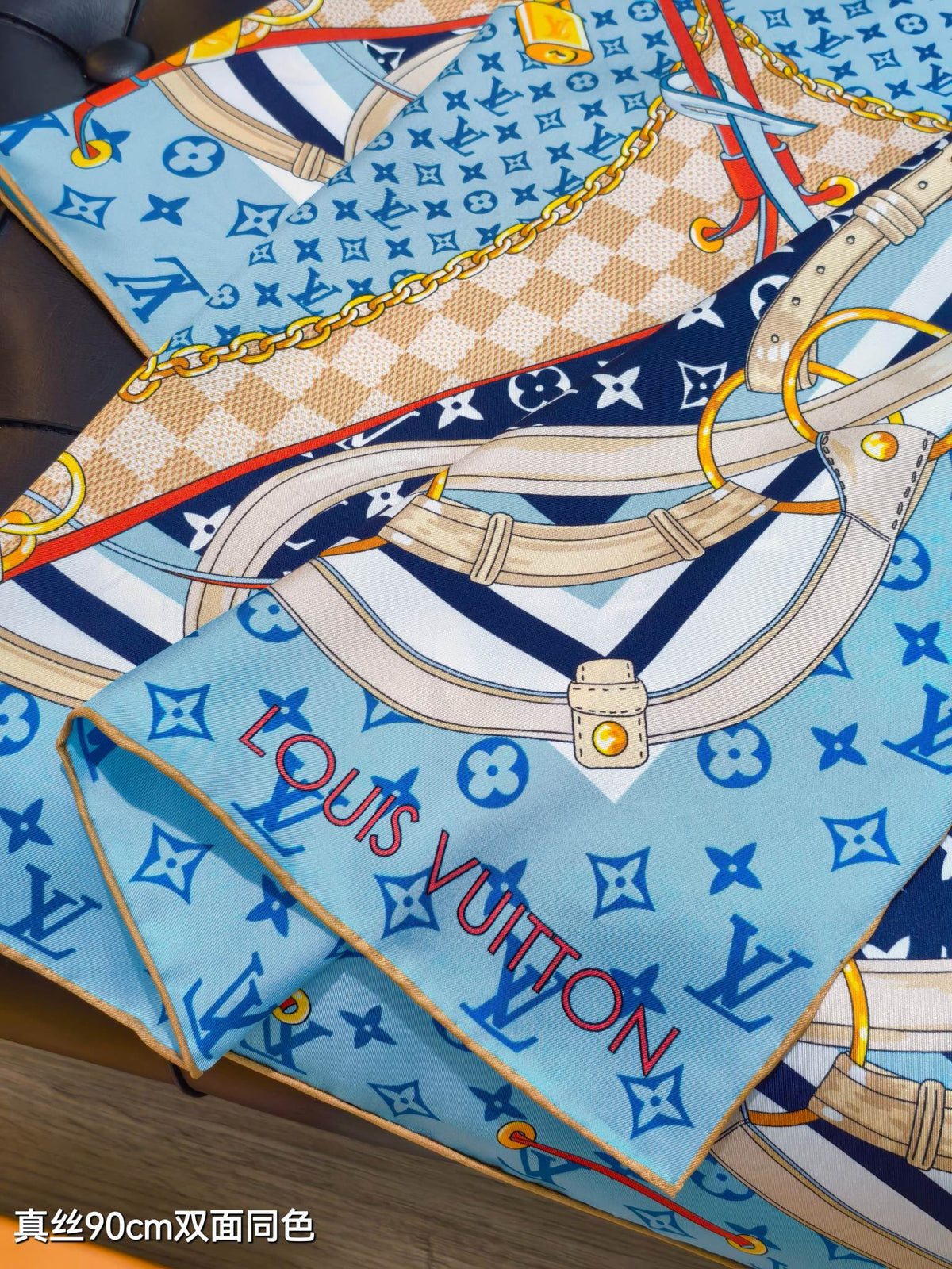 LV Double Sided Scarf 90 Blue Monogram Cashmere Silk 168756