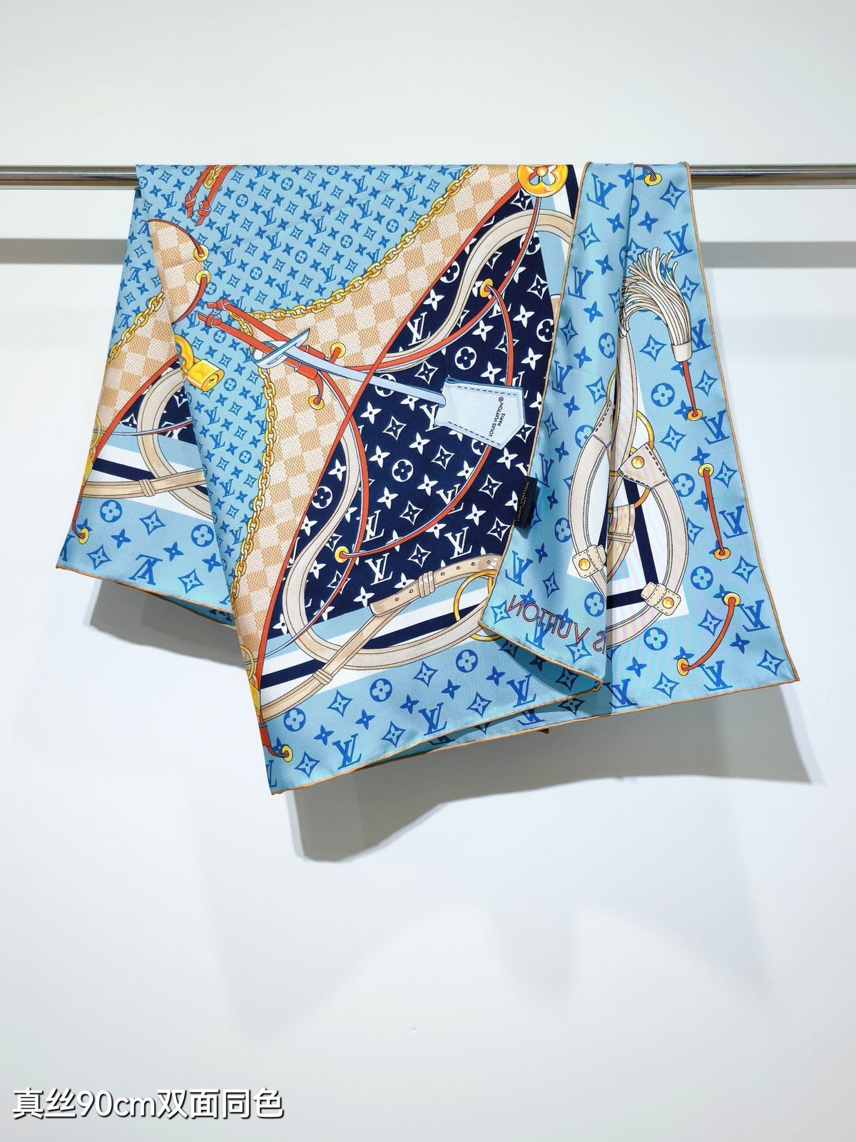 LV Double Sided Scarf 90 Blue Monogram Cashmere Silk 168756