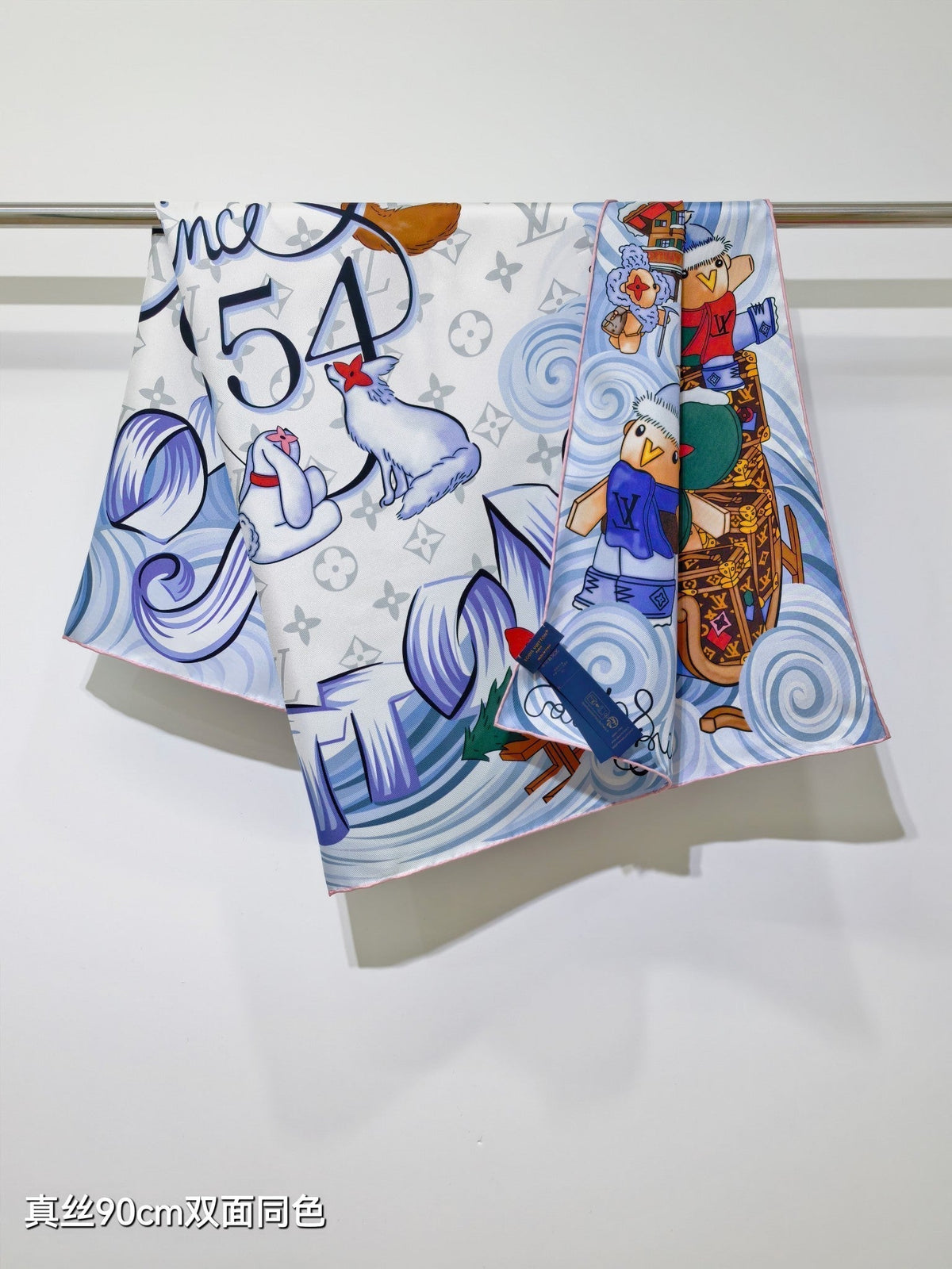 LV Double Sided Scarf 90 White Blue Colorful Mulberry Silk 168788