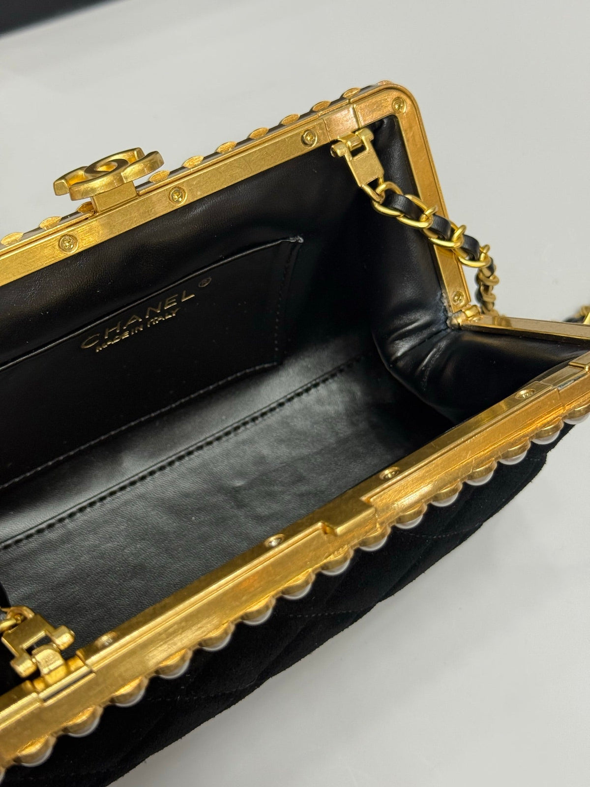 Chanel 2026 Pearl Clutch Black Gold Velvet Leather