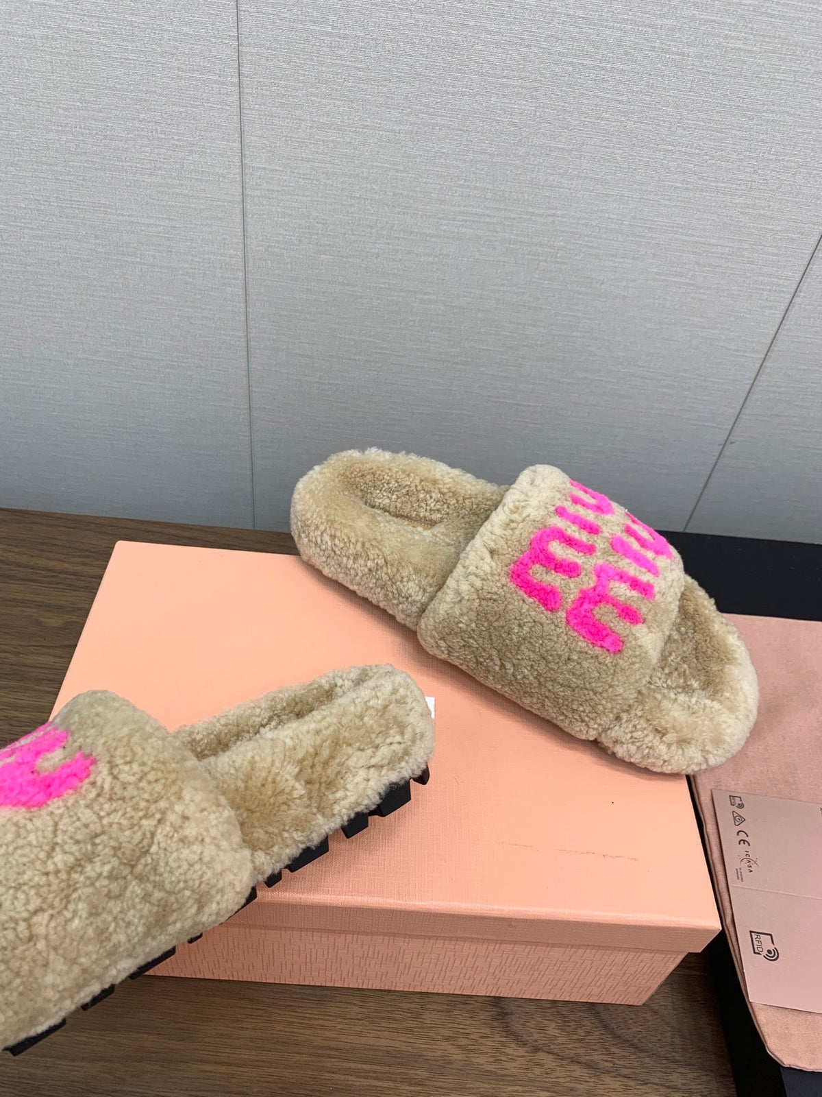 Miu slippers Light Brown With Pink Lettering Pure Wool