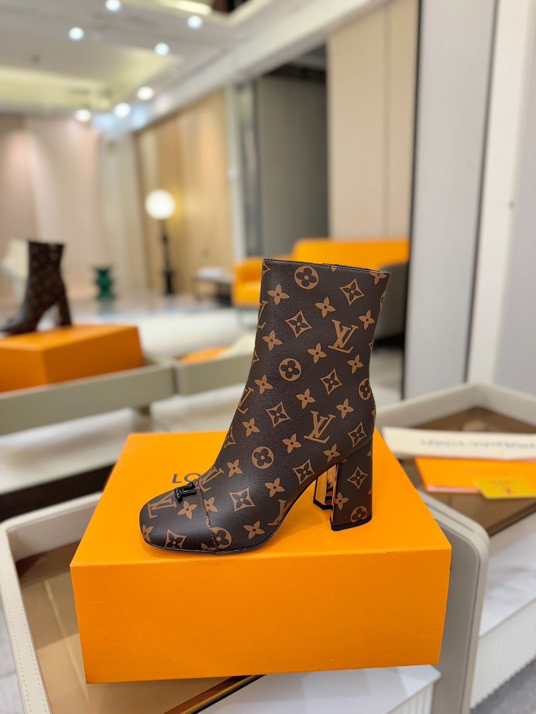 LV Ankle Boots 90 Monogram Brown Sheepskin 573714