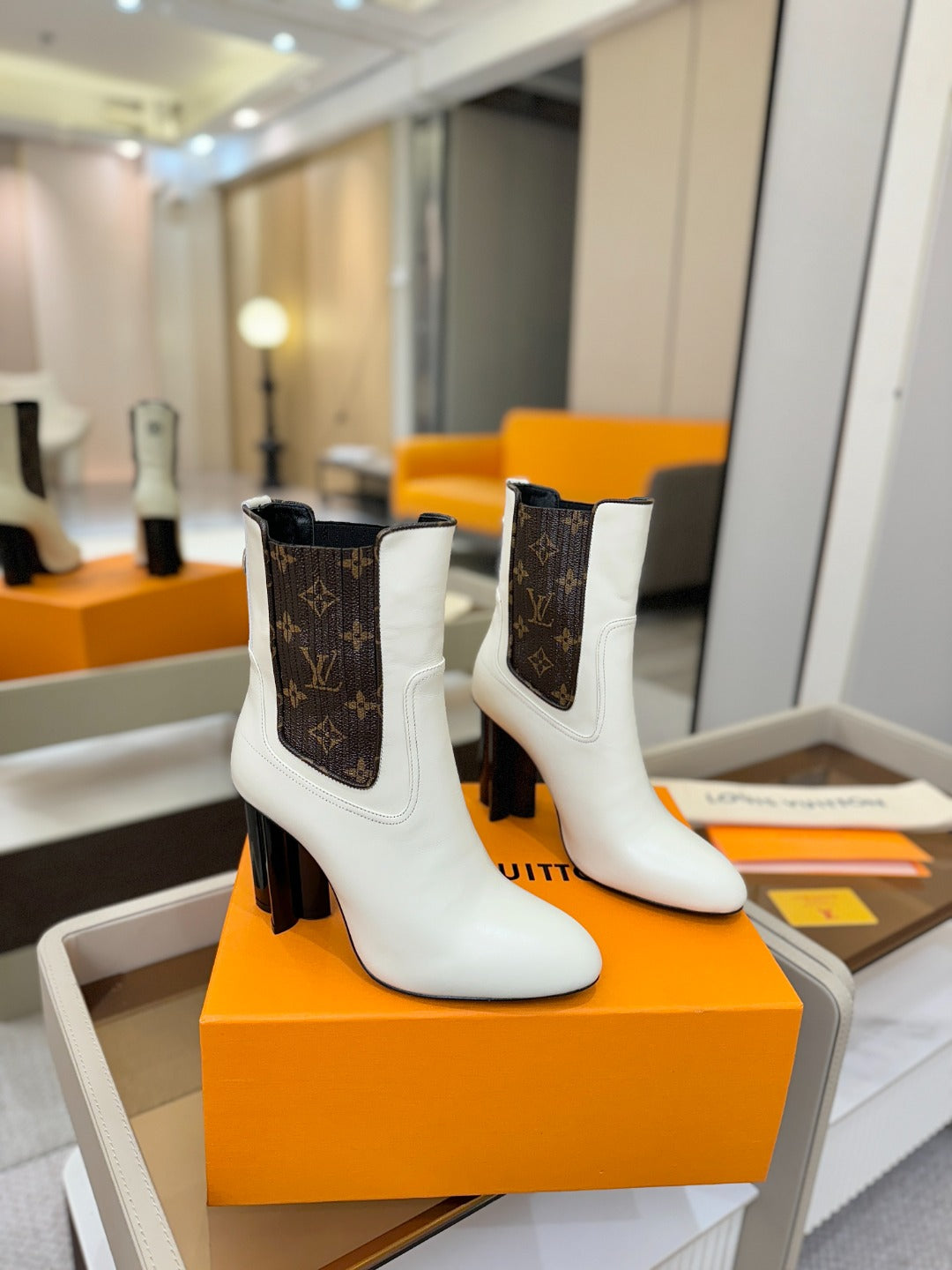 LV 25 Runway Ankle Boots 95 White Monogram Brown Calfskin 573858