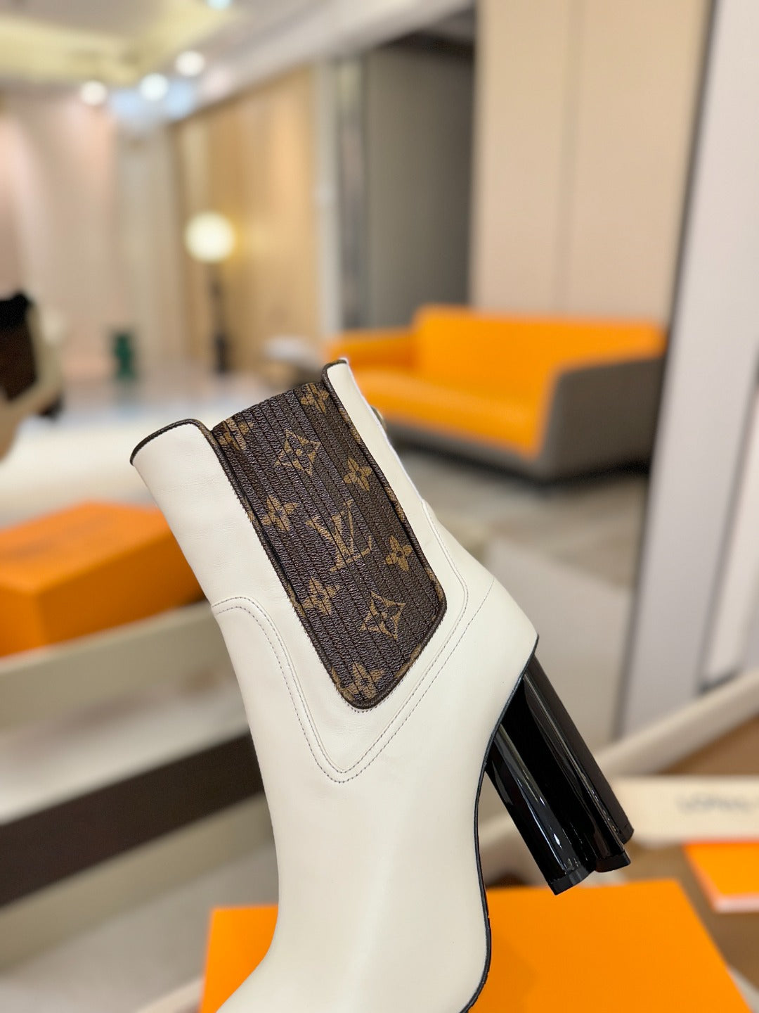 LV 25 Runway Ankle Boots 95 White Monogram Brown Calfskin 573858