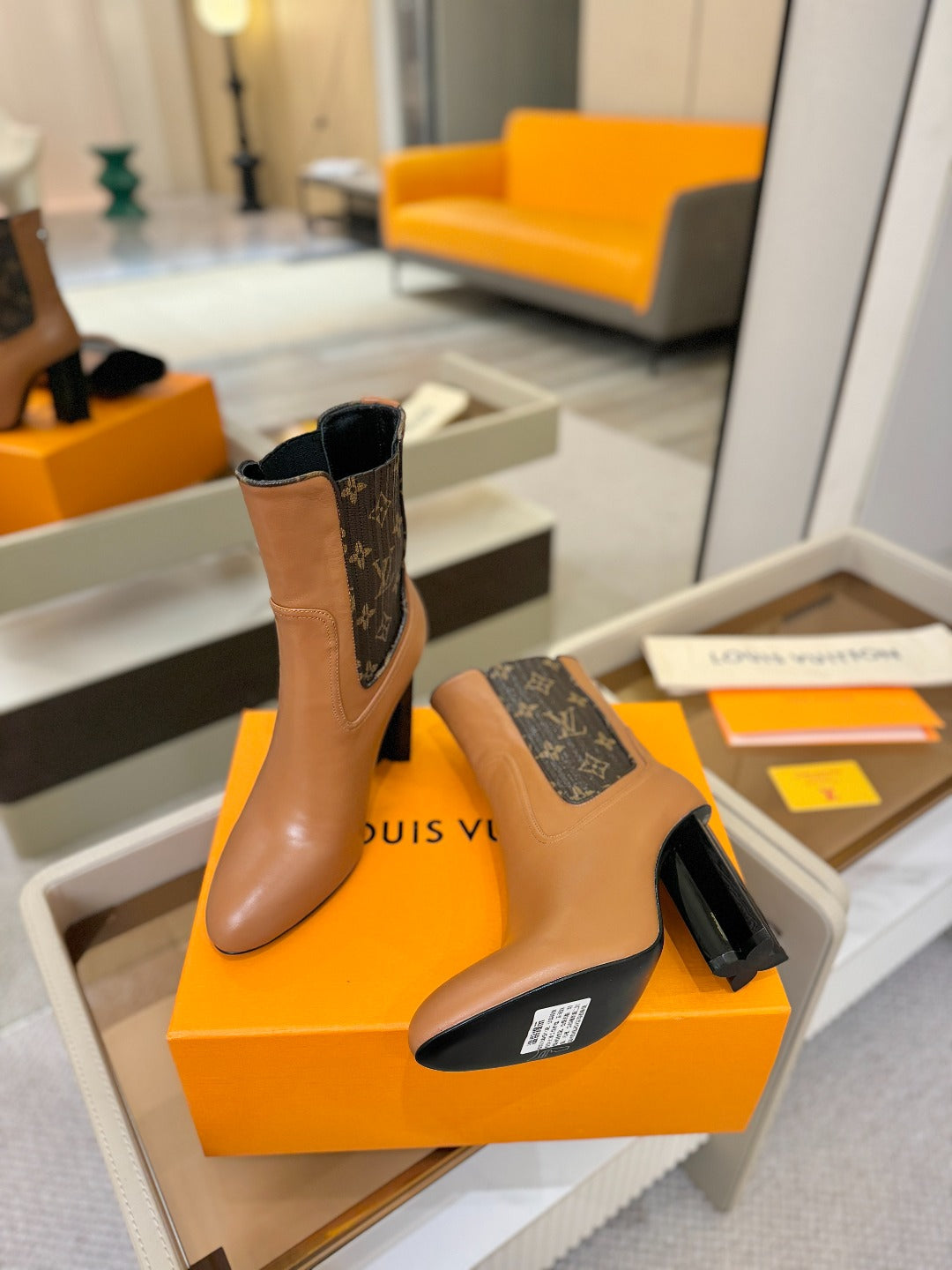 LV 25 Runway Ankle Boots 95 Tan Monogram Brown Calfskin 573860