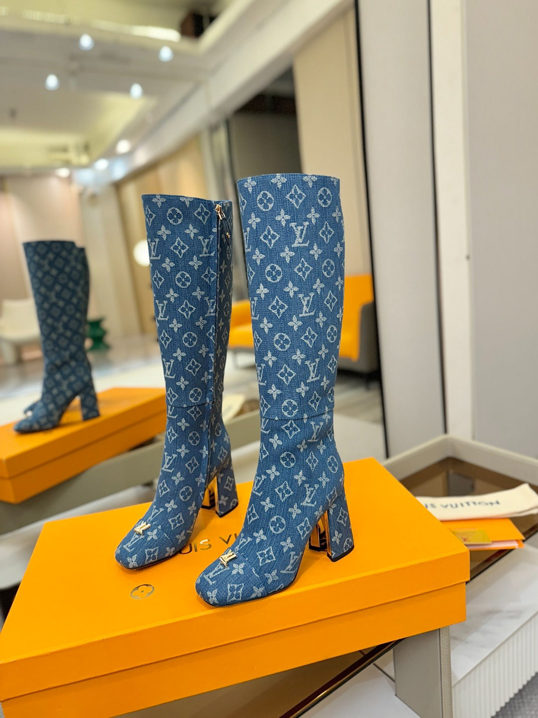 LV  High Boots 85 Monogram Blue Denim 573735