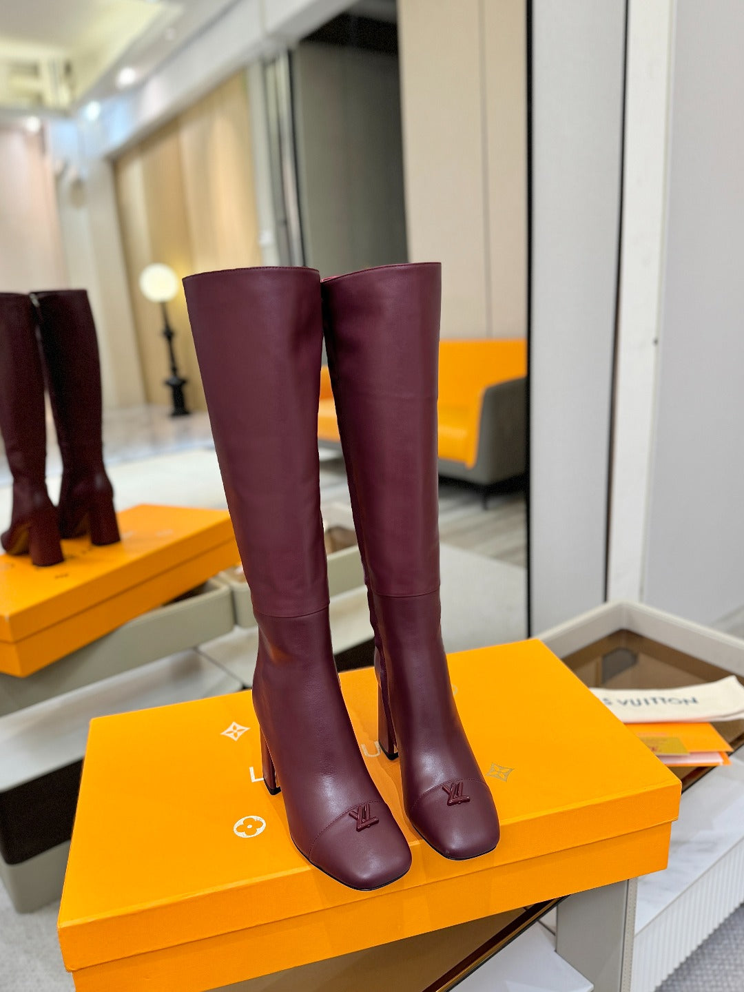LV  High Boots 85 Burgundy Sheepskin 573737