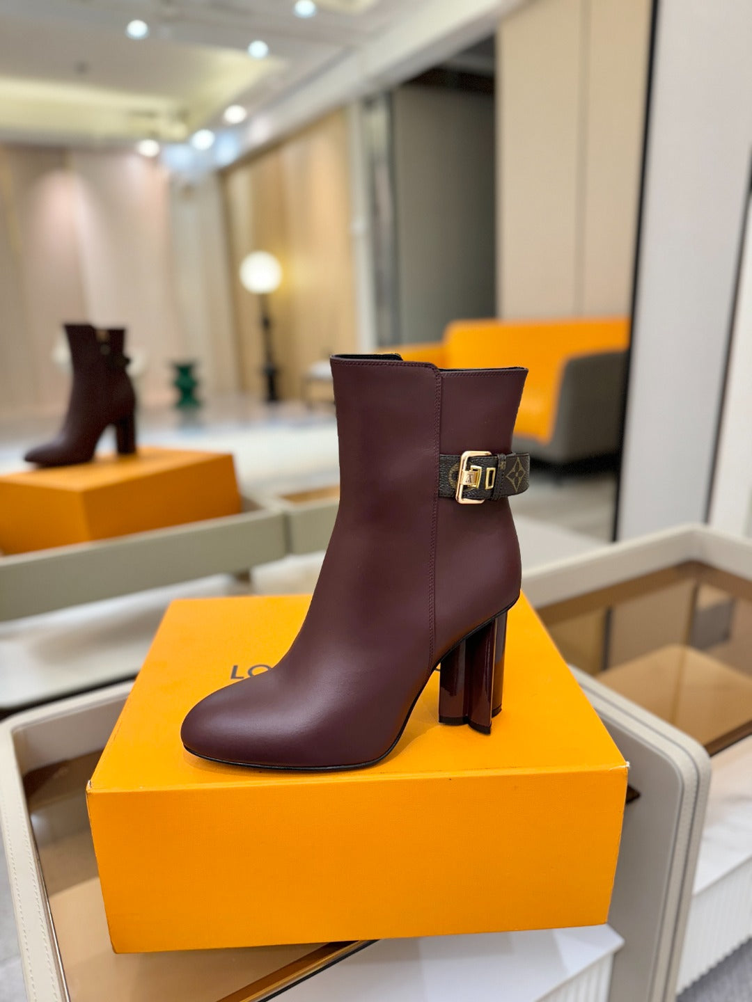 LV 25 Runway Ankle Boots 100 Dark Burgundy Calfskin Mix Belt  573868