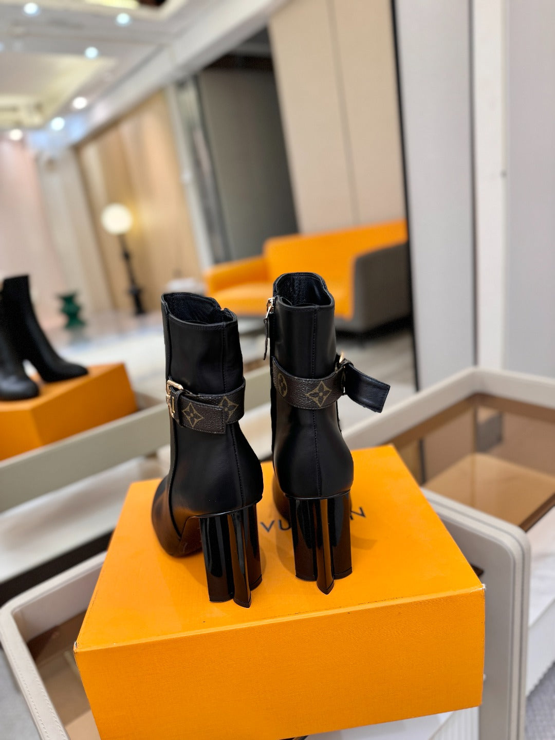 LV 25 Runway Ankle Boots 100 Black Calfskin Mix Belt  573869
