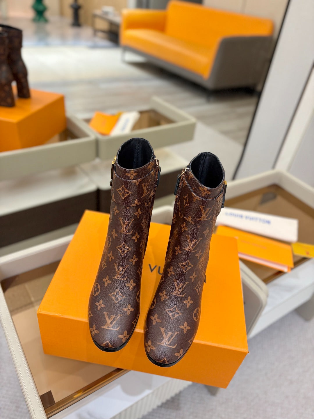 LV Ankle Boots 75 Monogram Brown Sheepskin 573729