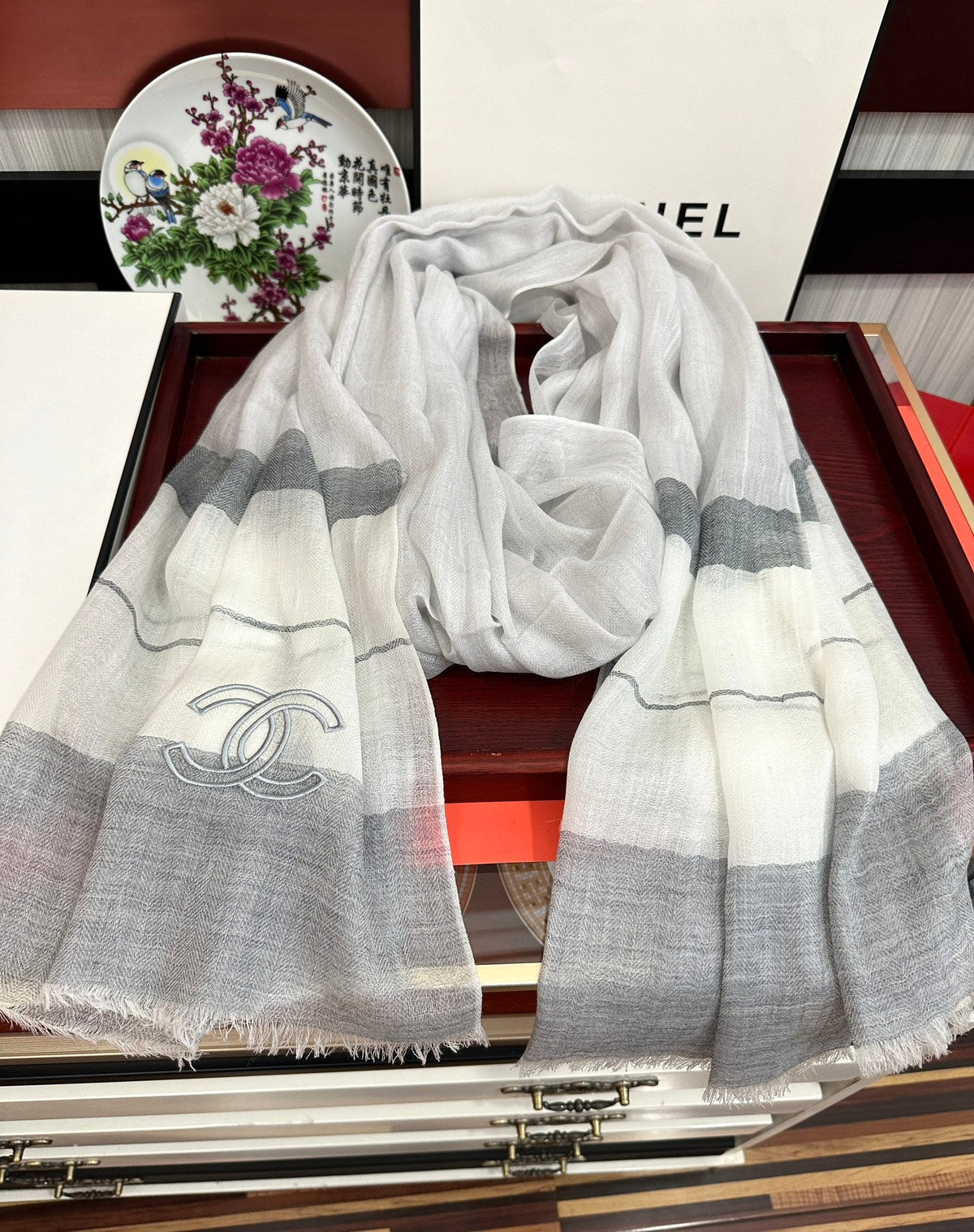CC Scarf 200 CM In White Mix Light Grey Linen Fabric 423097