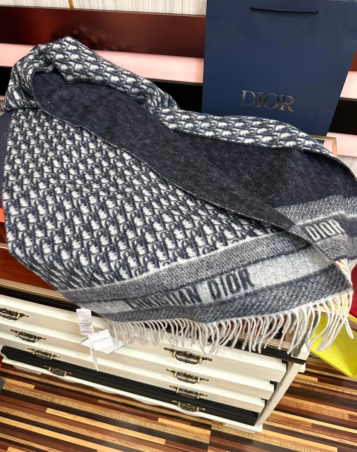 CD Oblique Print Scarf 200CM Dark Blue White Wool 292980