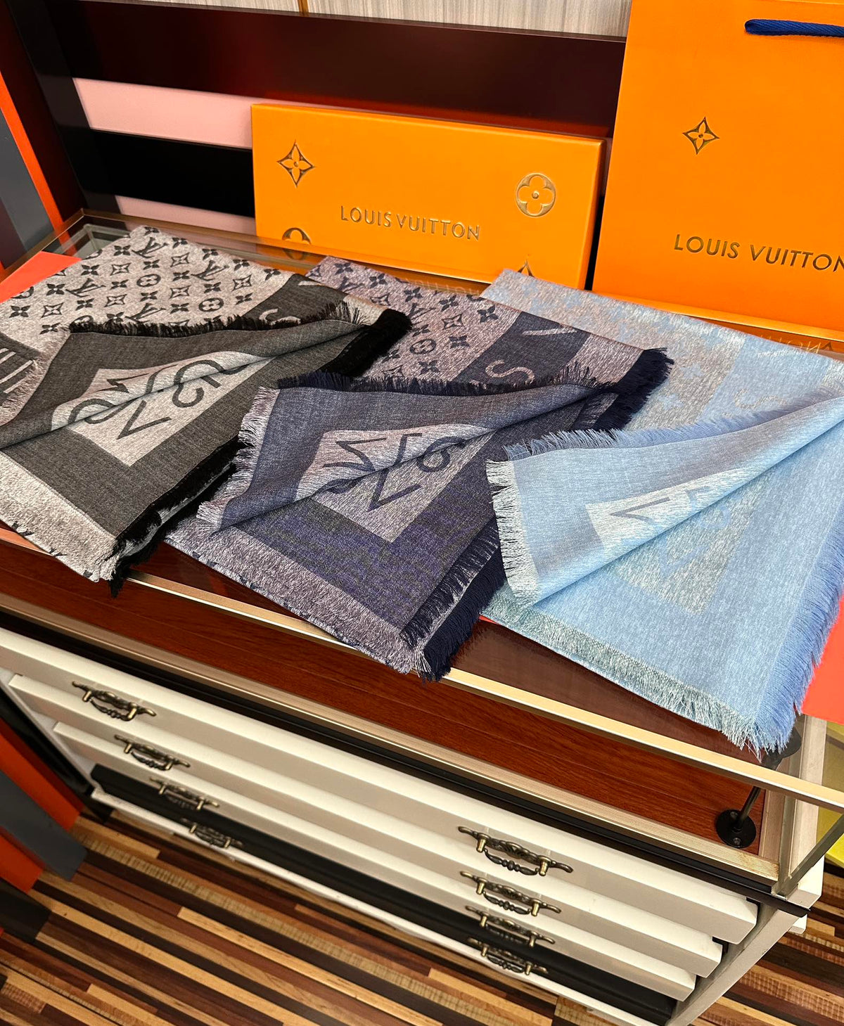 LV  Long Scarf 140cm Baby Blue Cashmere 967312