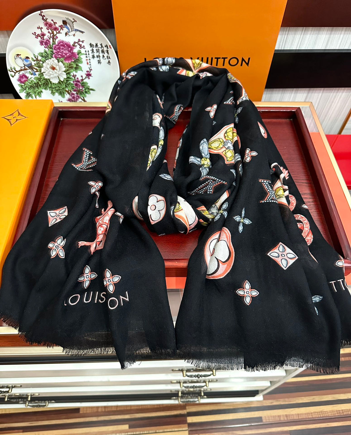 LV  Long Scarf 200cm Black Pink Yellow Cashmere 967316