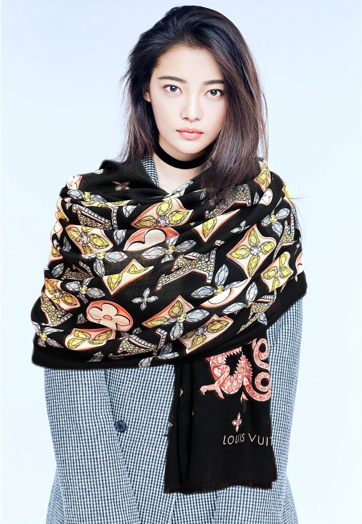 LV  Long Scarf 200cm Black Pink Yellow Cashmere 967316
