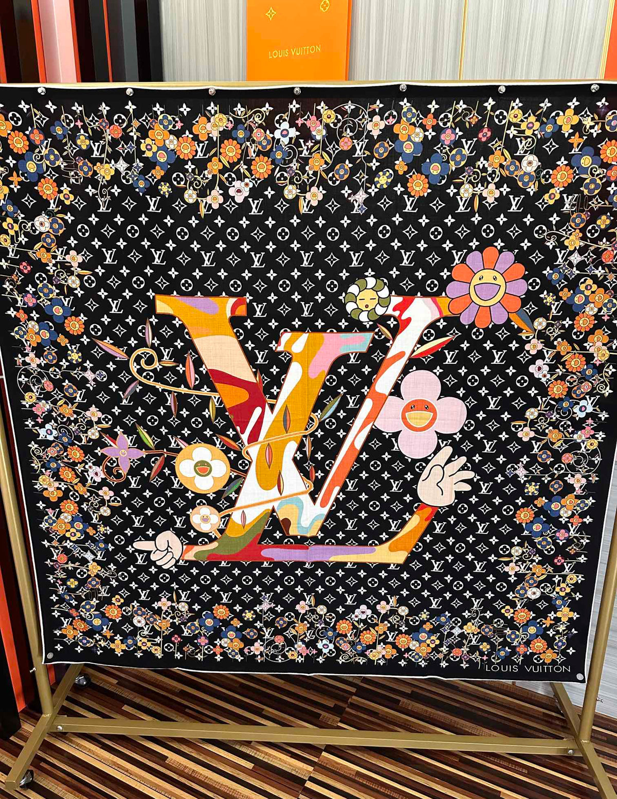 LV Double-Sided 140cm Black Colorful Silk Cashmere 967343
