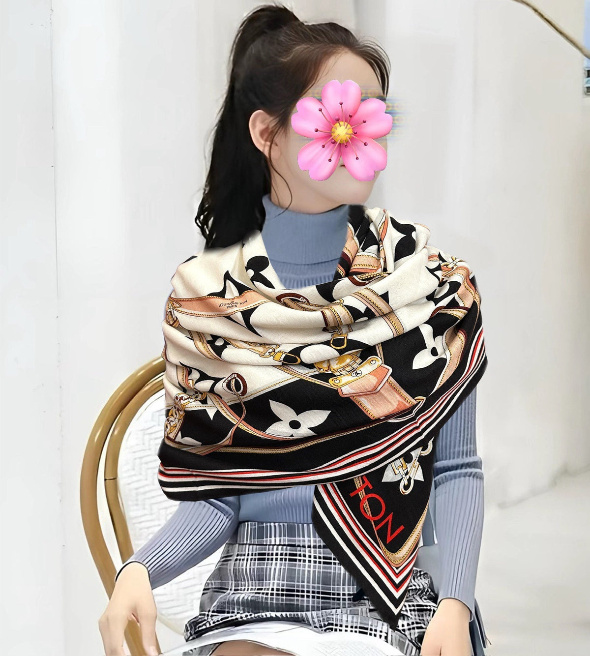 LV Scarf 140cm Black Beige White Silk Cashmere 968683