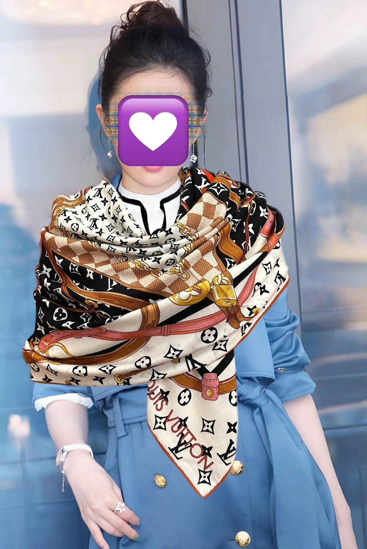 LV Scarf 140cm Black White Brown Silk Cashmere 968685