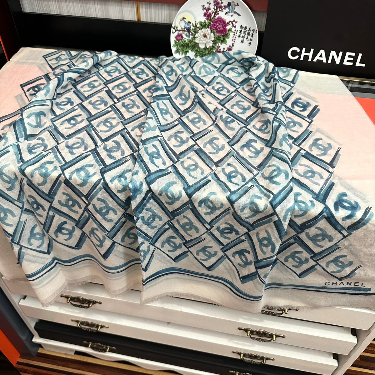 LV Latest Style Scarf 200cm White Blue Cashmere 970872