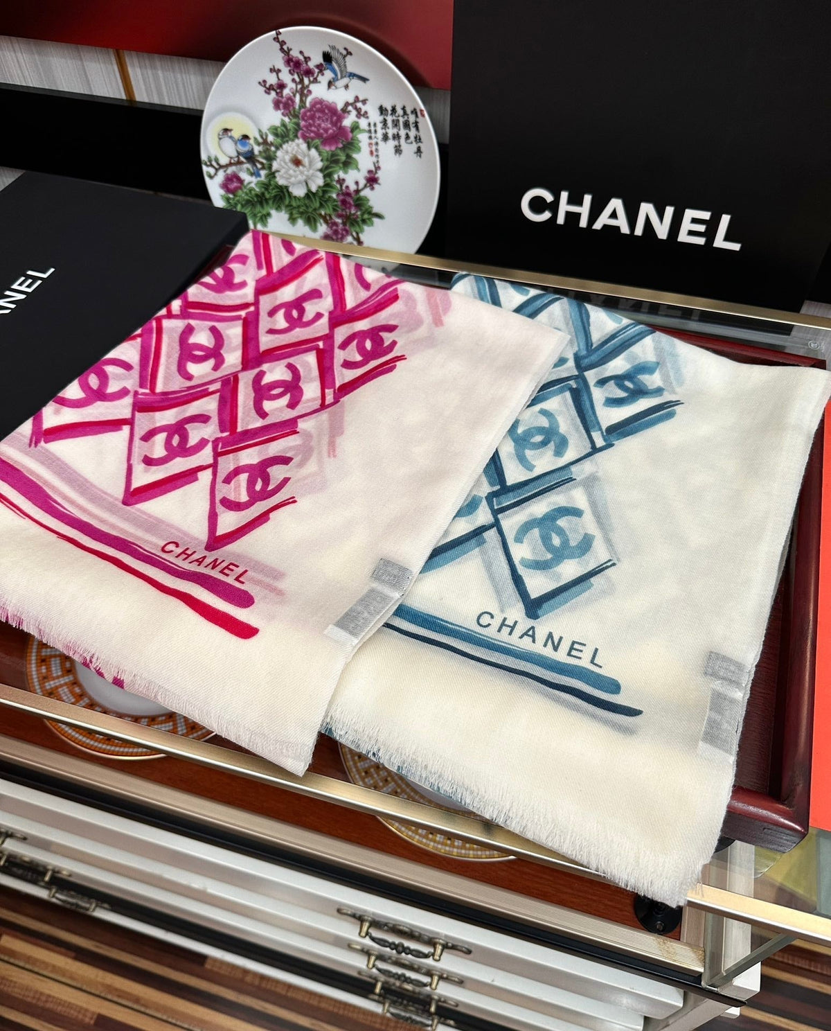 LV Latest Style Scarf 200cm White Blue Cashmere 970872