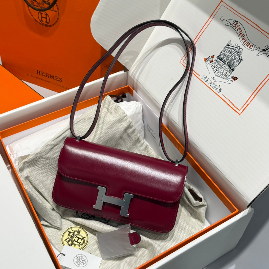 HM Constance Elan 24cm Bag Burgundy Box Calfskin Silver Hardware