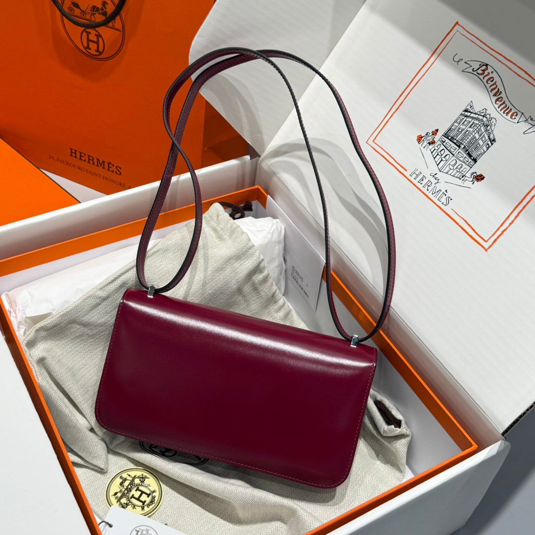 HM Constance Elan 24cm Bag Burgundy Box Calfskin Silver Hardware