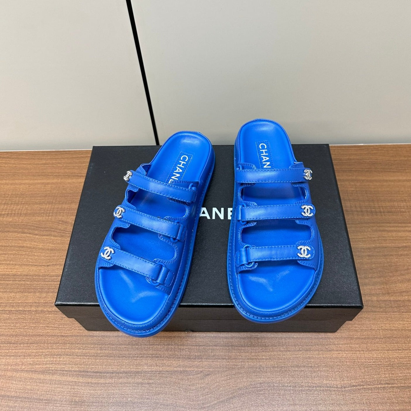 dad sandals blue triple strap lambskin mules