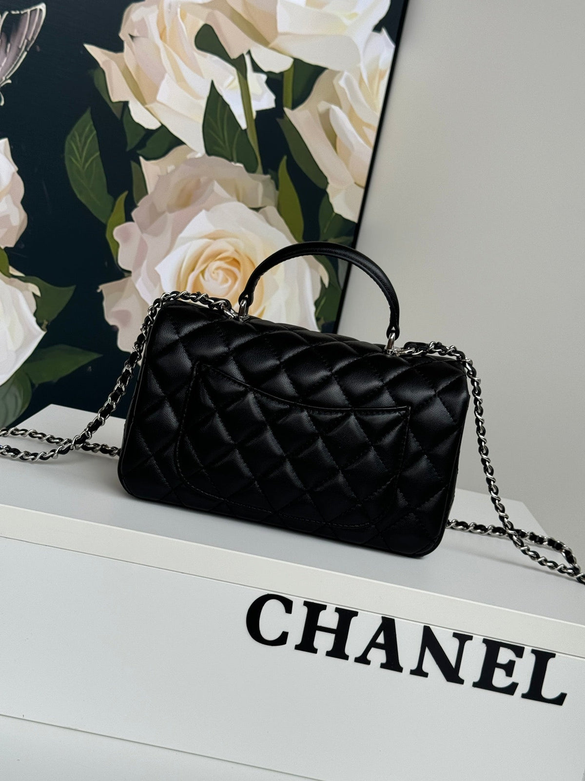 24c mini flap bag 20cm with top handle black calfskin silver hardware