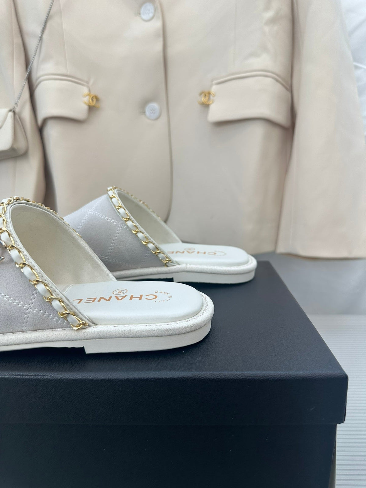 CC White Suede Gold Chain Mules